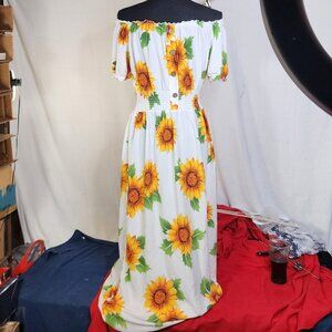 Ace White Yellow Orange Green Sunflowers Smocked Waist Drop Shoulder Maxi Sz 1X